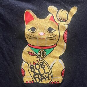808 ALL DAY Lucky Cat Black T-Shirt with Gold and Red Accents